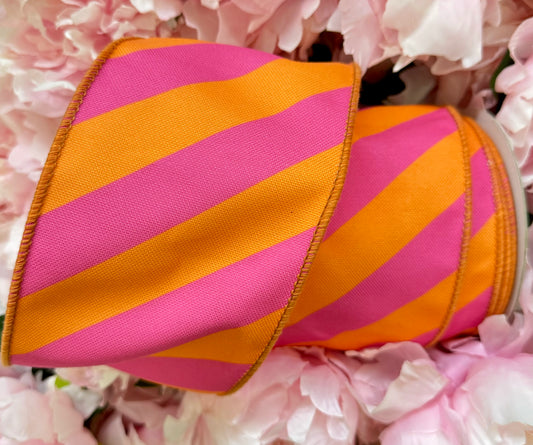 Orange/ HoT pink Jumbo Diagonal stripe Wired Ribbon. 4” x 10 yards.