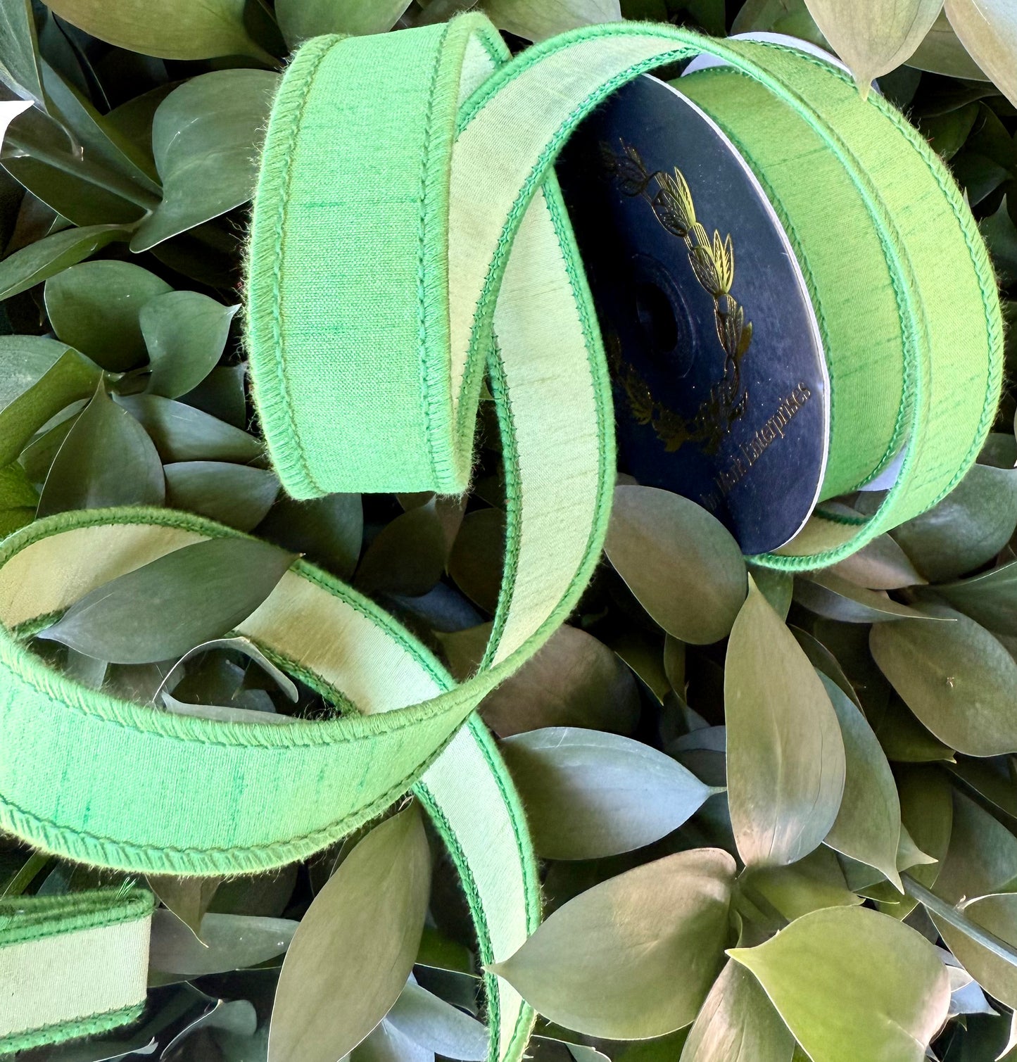 JME heavy wired ribbon. LIME/PALE GREEN Two-Tone Solid