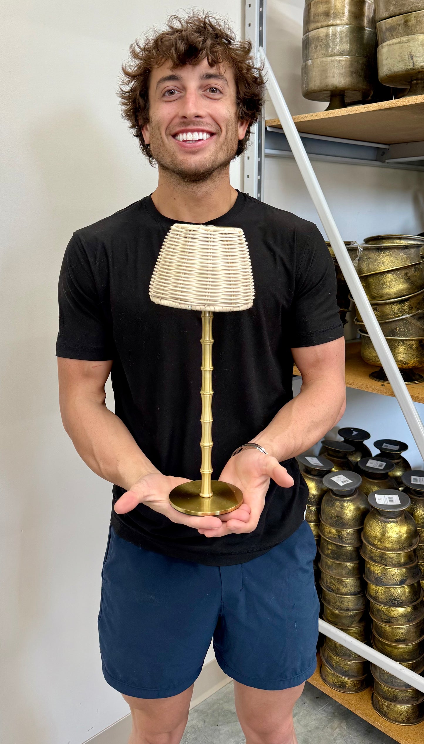 Gold LED cordless bamboo lamp with extra rattan shade. Comes with a charging cord. 14.5 inches tall by 4.5 inches diameter.