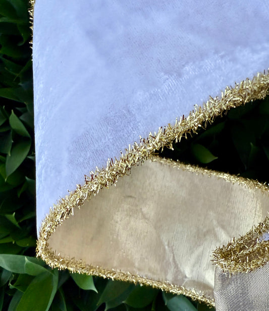 JME heavy wired ribbon. WHITE Velvet with Gold Tinsel Edge and Gold Metallic Back