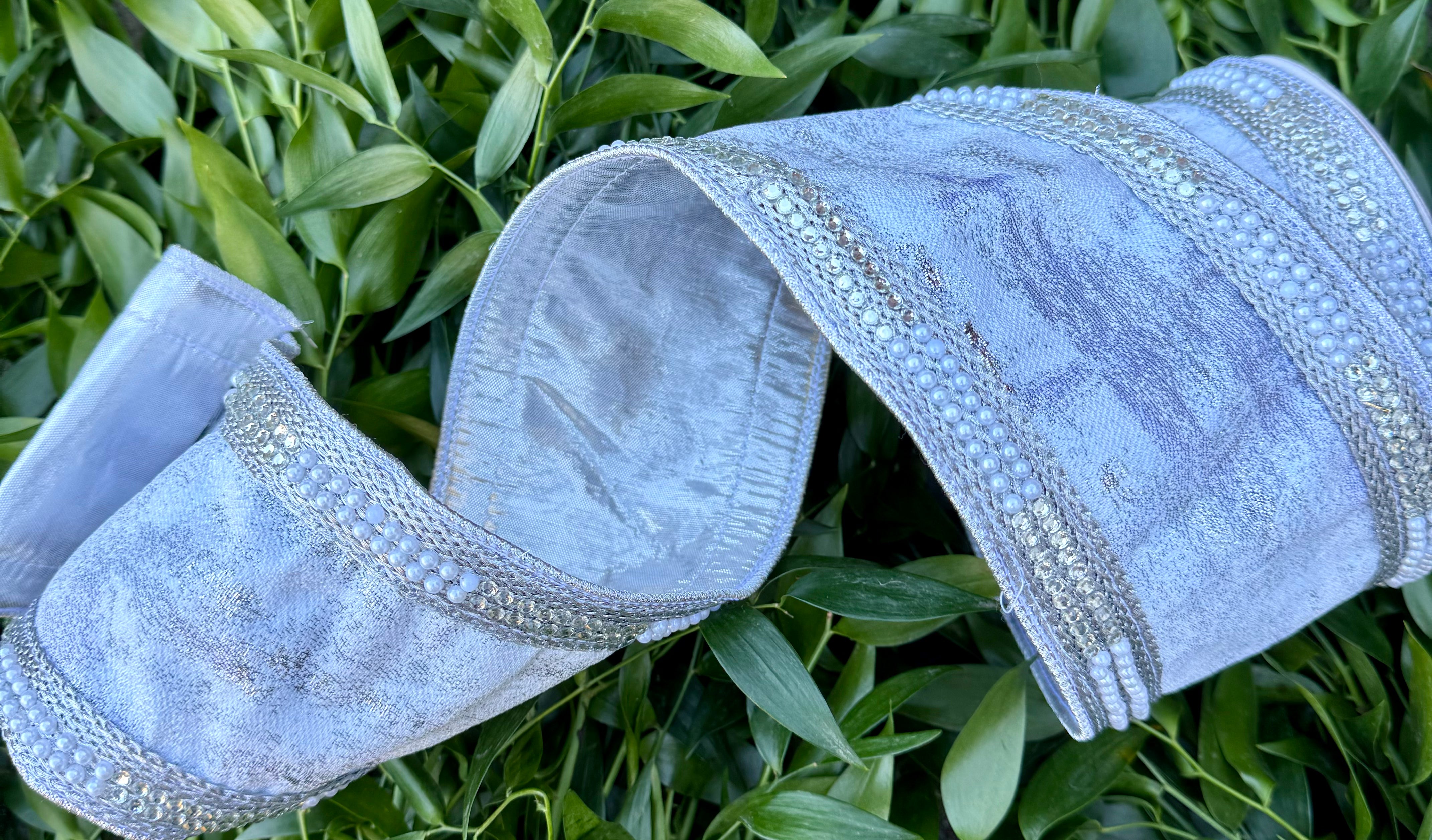 JME heavy wired ribbon. Silver/white bark design with pearl trim back ...