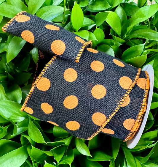 Black with Orange Dots. Jute Wired Ribbon
4" x 10 yd.