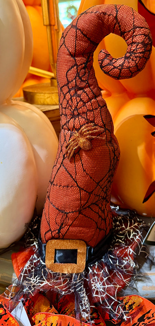 Orange spiderweb witch hat. 14 inches. Perfect for a table escaping or adding a little Halloween touch to a vignette. ￼