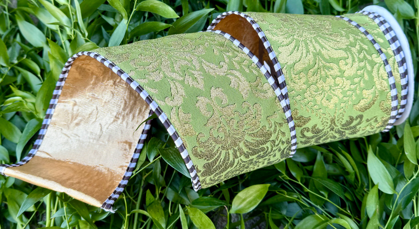 JME Heavy wired ribbon. GREEN WITH GOLD DAMASK PATTERN BACK WITH GOLD METALLIC BACKING AND PIPED WITH BLACK-AND-WHITE CHECKED. 4“ X 5 YARDS.