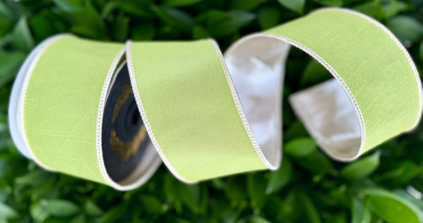 JME heavy wired ribbon. LIME GREEN Dupion with Champagne Metallic Back