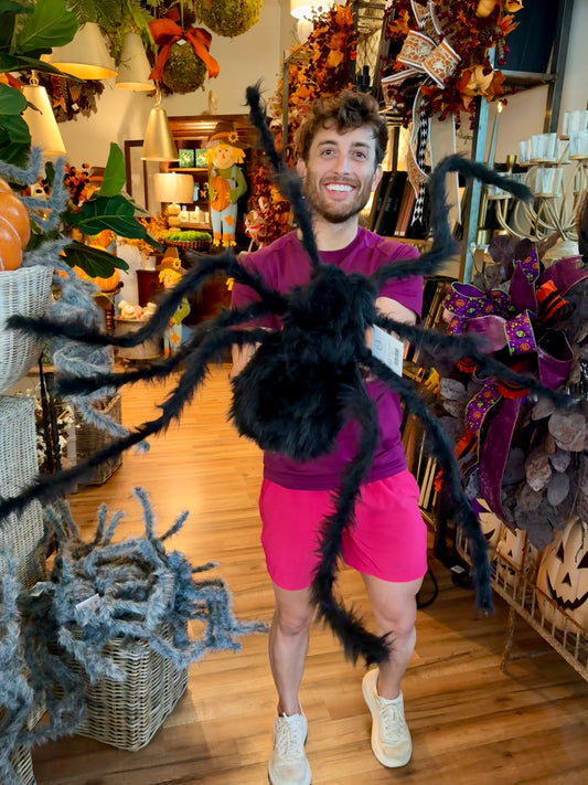 Large Black Faux Fur Spider with bendable legs 
32.5" W x 10"H