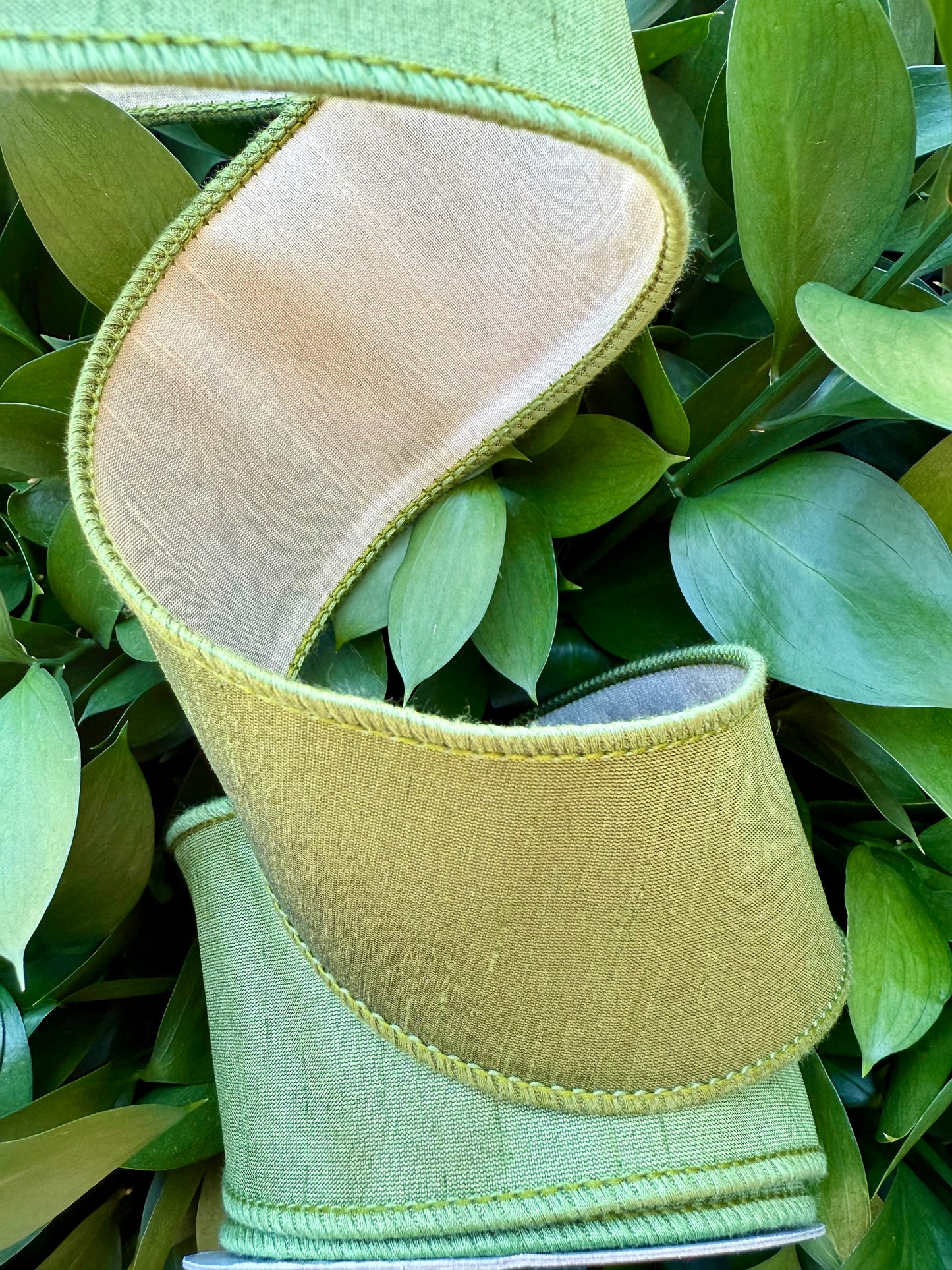 JME heavy wired ribbon. OLIVE/CREAM Two-Tone Solid