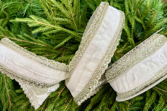 JME heavy wired ribbon. WHITE Velvet with Silver Jeweled Trim and Metallic Back 2.5"x 10YDS