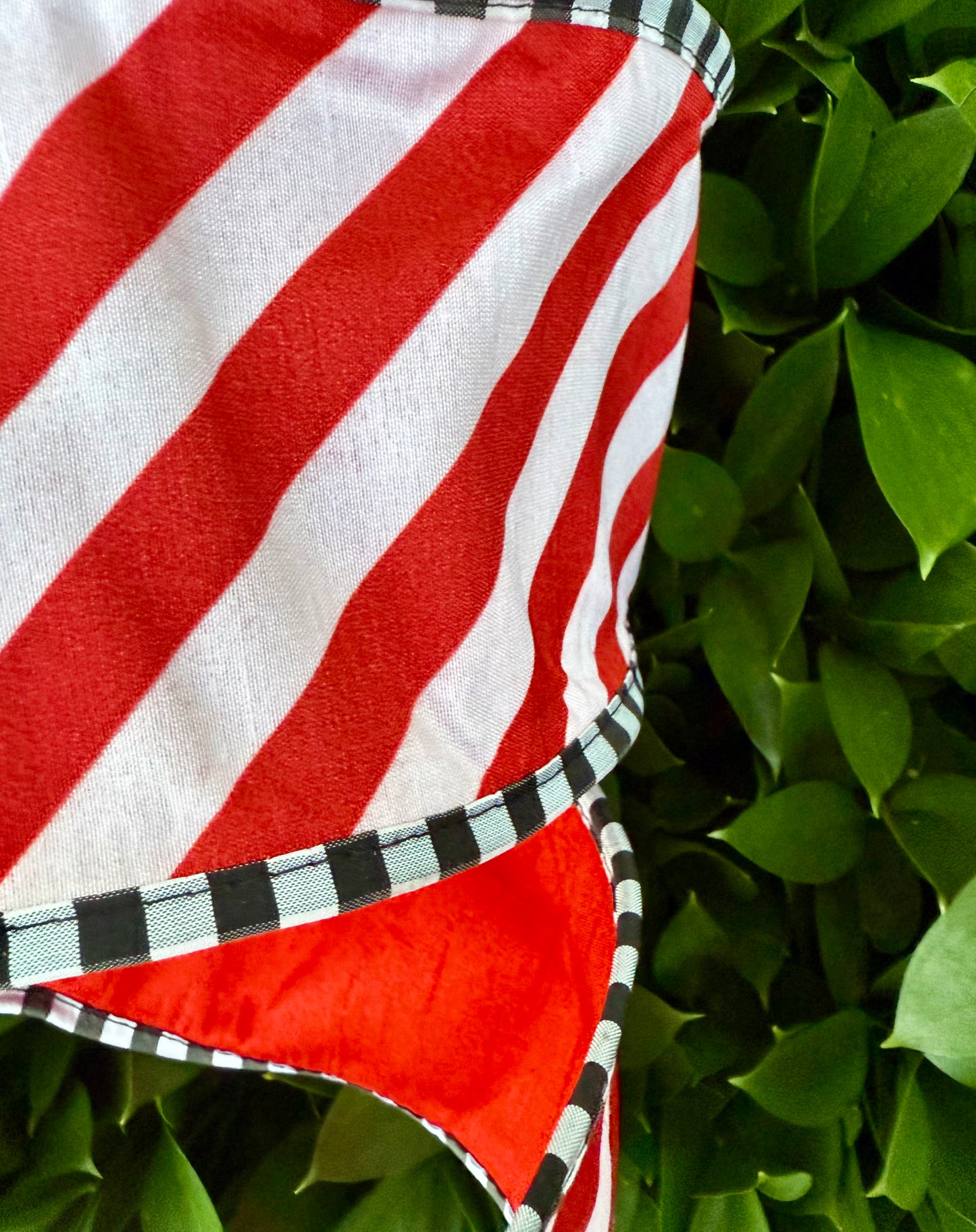 JME heavy wired ribbon. RED/WHITE Diagonal Stripes with Black/White Check Trim