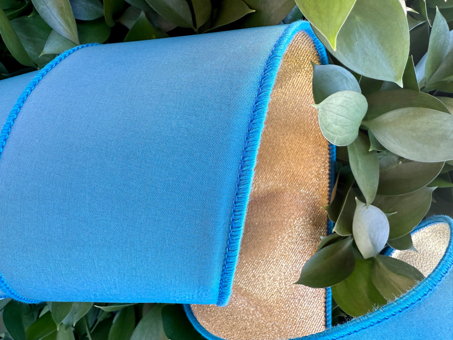 JME heavy wired ribbon. BLUE Taffeta with Gold Mesh Metallic Back