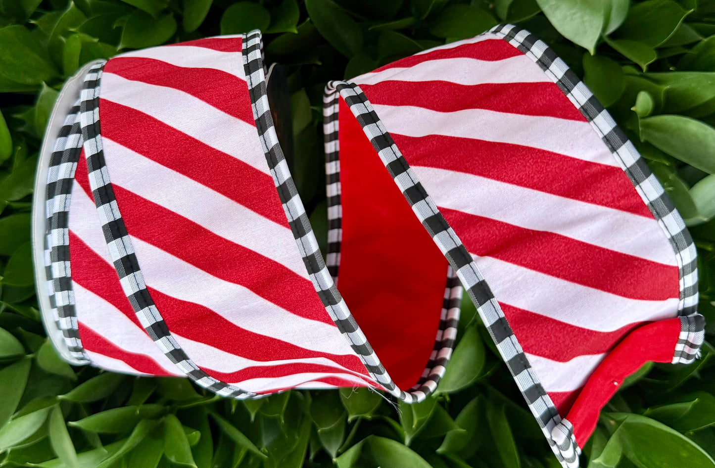 JME heavy wired ribbon. RED/WHITE Diagonal Stripes with Black/White Check Trim