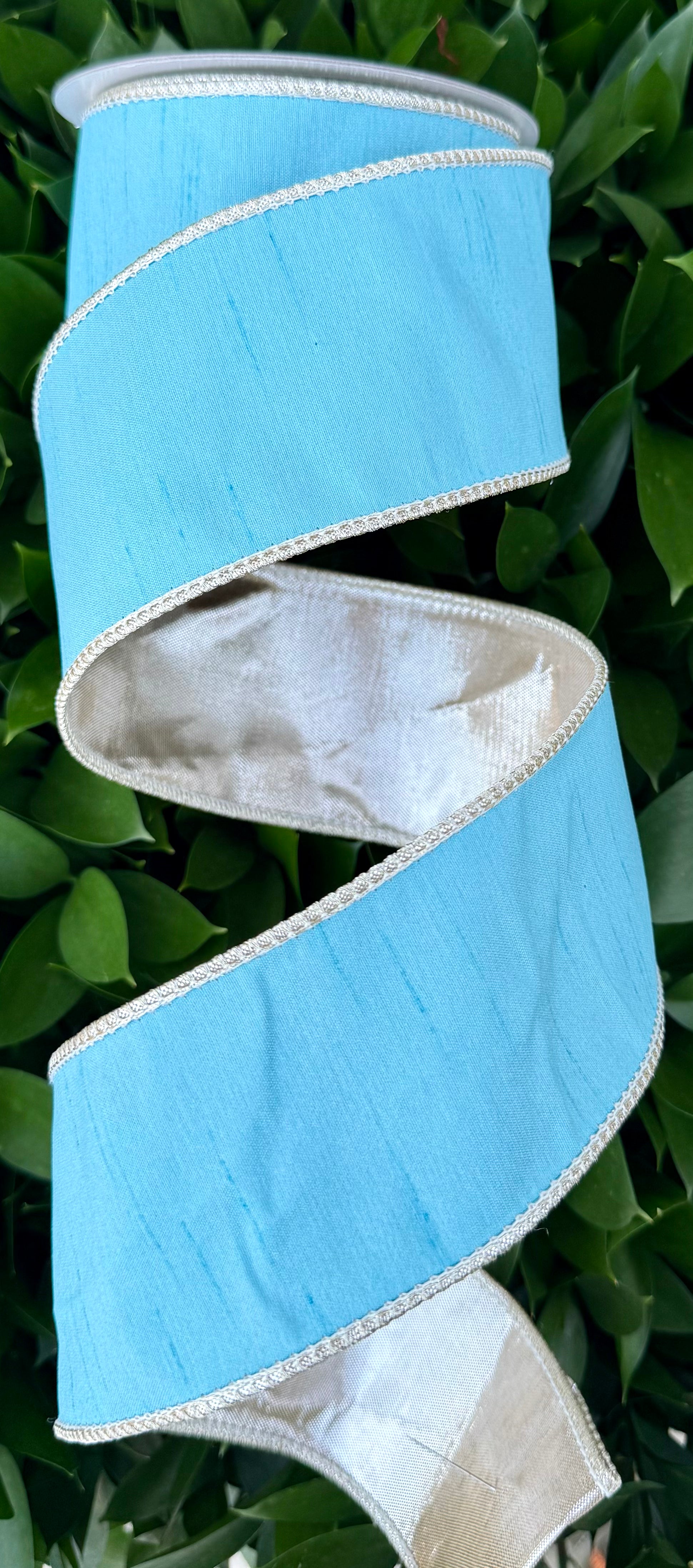 JME heavy wired ribbon. SKY BLUE Dupion Solid with Champagne Metallic ...