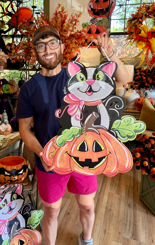 Artsy cat on Jac-o-lantern lantern door hanger. 24 inches tall.