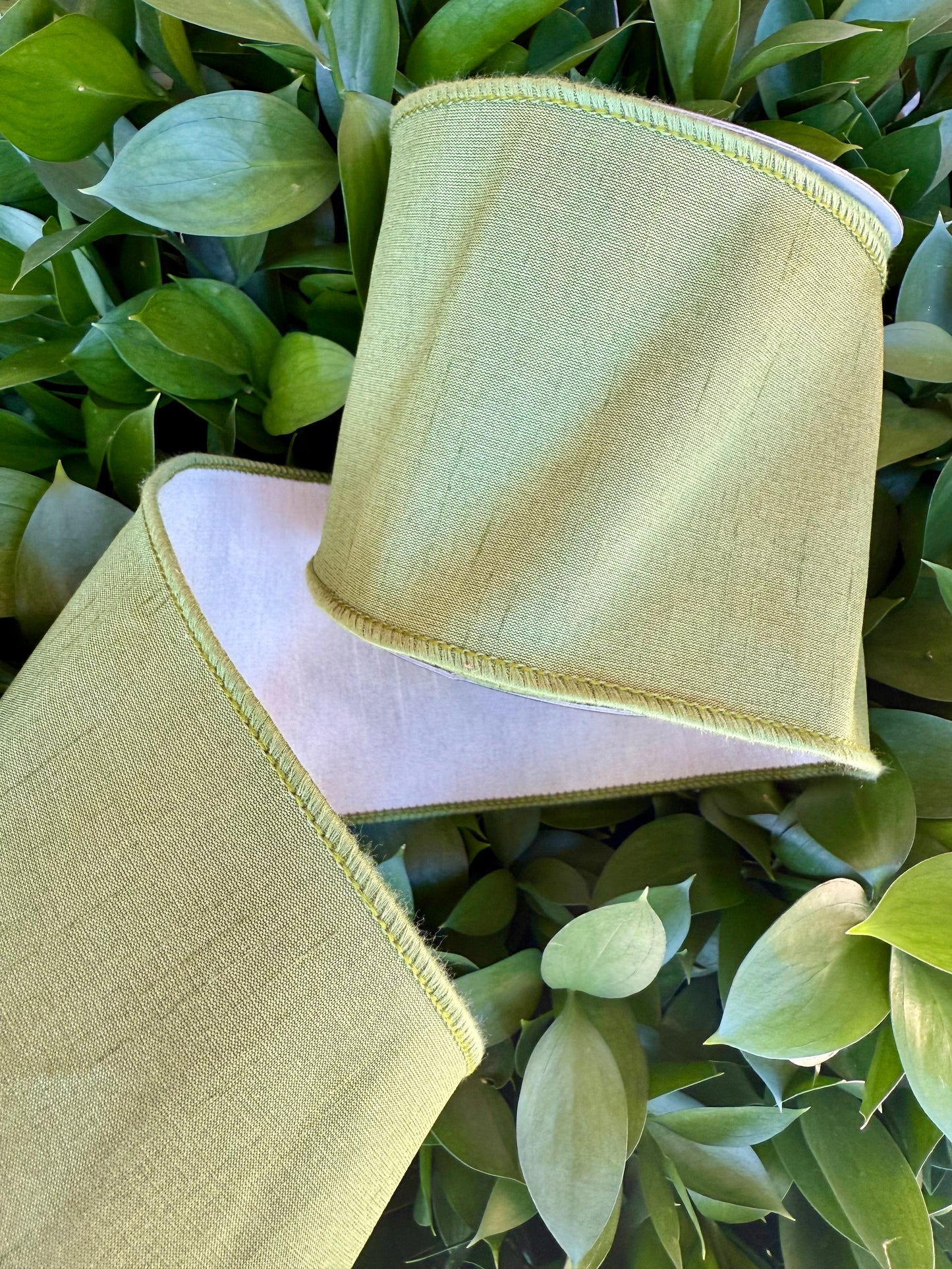 JME heavy wired ribbon. OLIVE/CREAM Two-Tone Solid