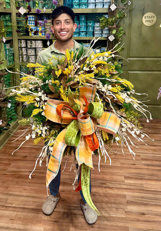 JME MADE faux fall wreath with mixed grasses, leaves, and YELLOW sprigs. About 25 inches wide