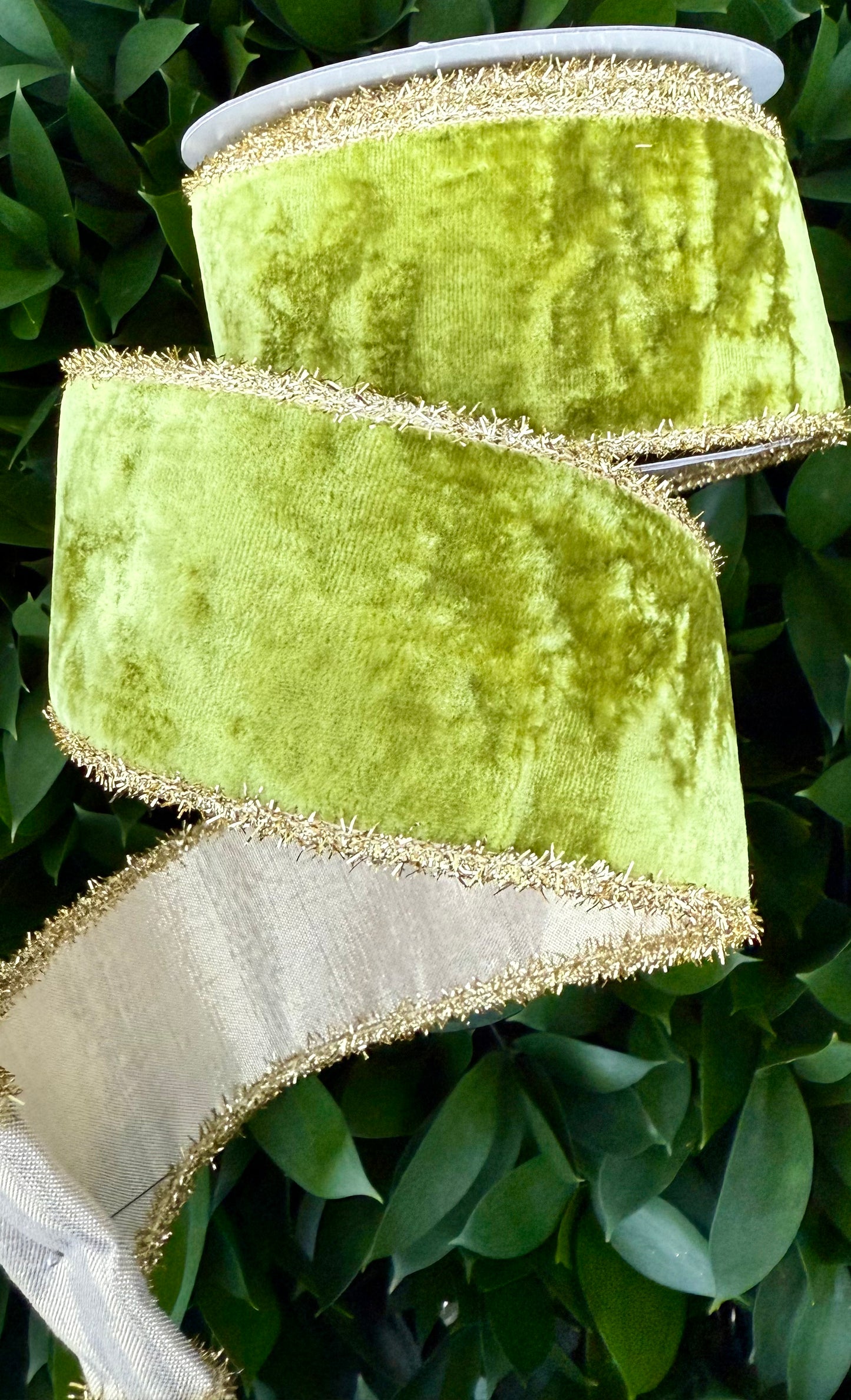 JME heavy wired ribbon. APPLE GREEN Velvet with Gold Tinsel Edge and Gold Metallic Back