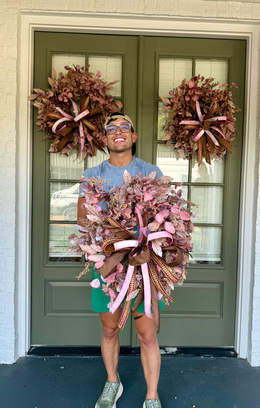 Blush and bashful faux fall wreath with a JME hand tied bow. About 22 inches wide