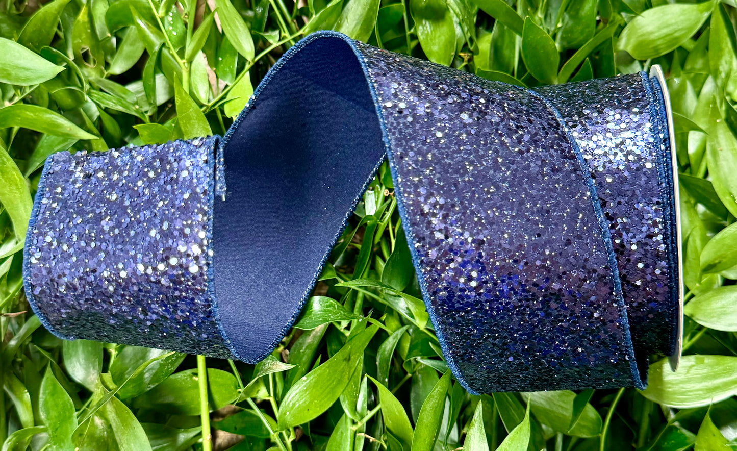 Large glittered navy ￼ wired ribbon. 2.5“ x 10 yards. ￼