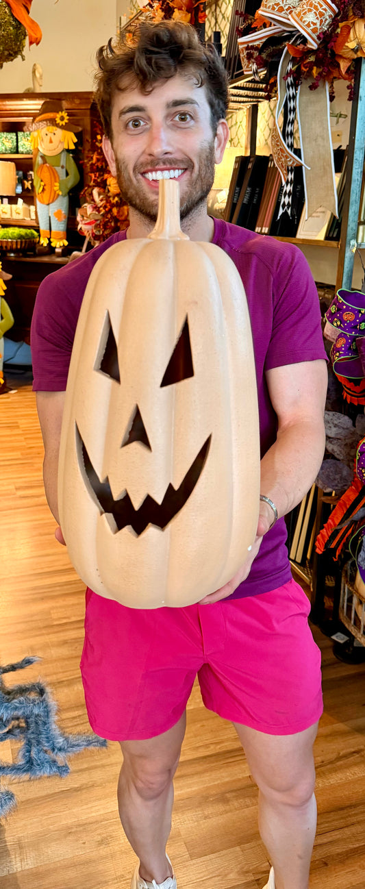 Large ORANGE jack-o’-lantern. With LED light. Runs on batteries. 17 inches.