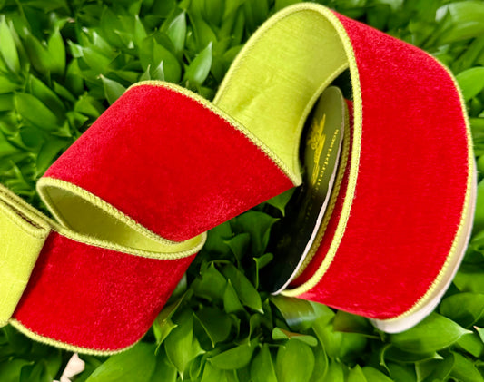 JME heavy wired ribbon. Red velvet backed with lime green and lime green stitching on the edge. 2.5“ x 10 yards.