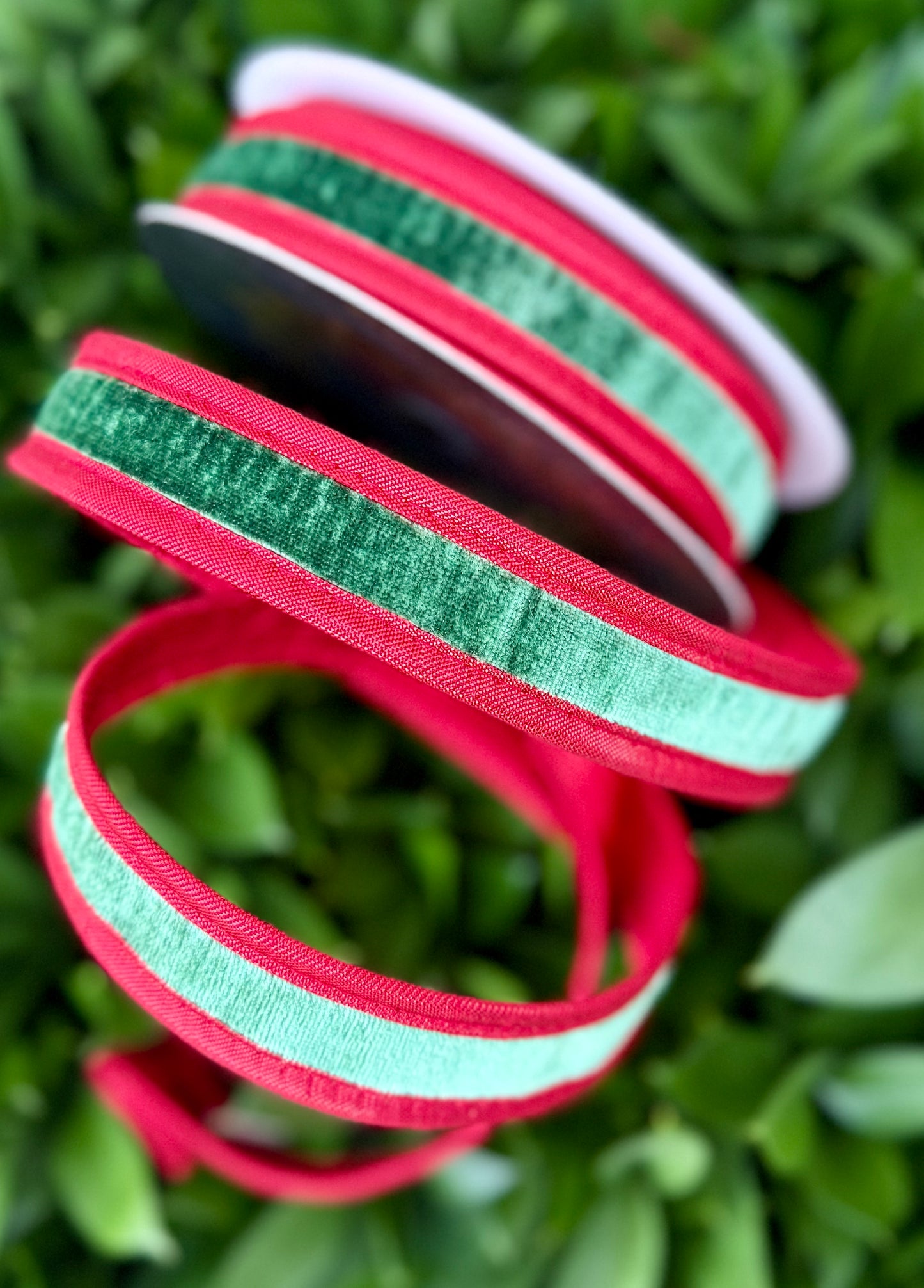 JME heavy wired ribbon. GREEN Velvet with Red Metallic Back