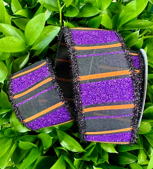 Purple Glitter / orange/ Black. Horizontal
Striped Wired Ribbon with Black tensile 
Fringe and Solid black
Backing
2.5in x 10yd.