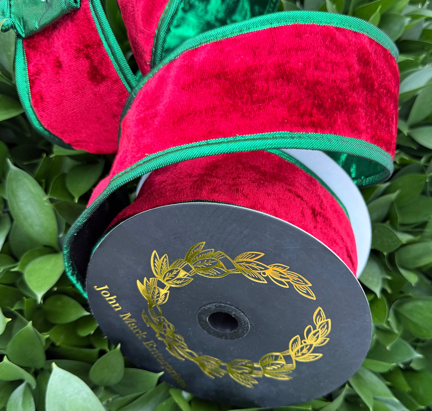 JME heavy wired ribbon. RED Velvet with Green Metallic Back