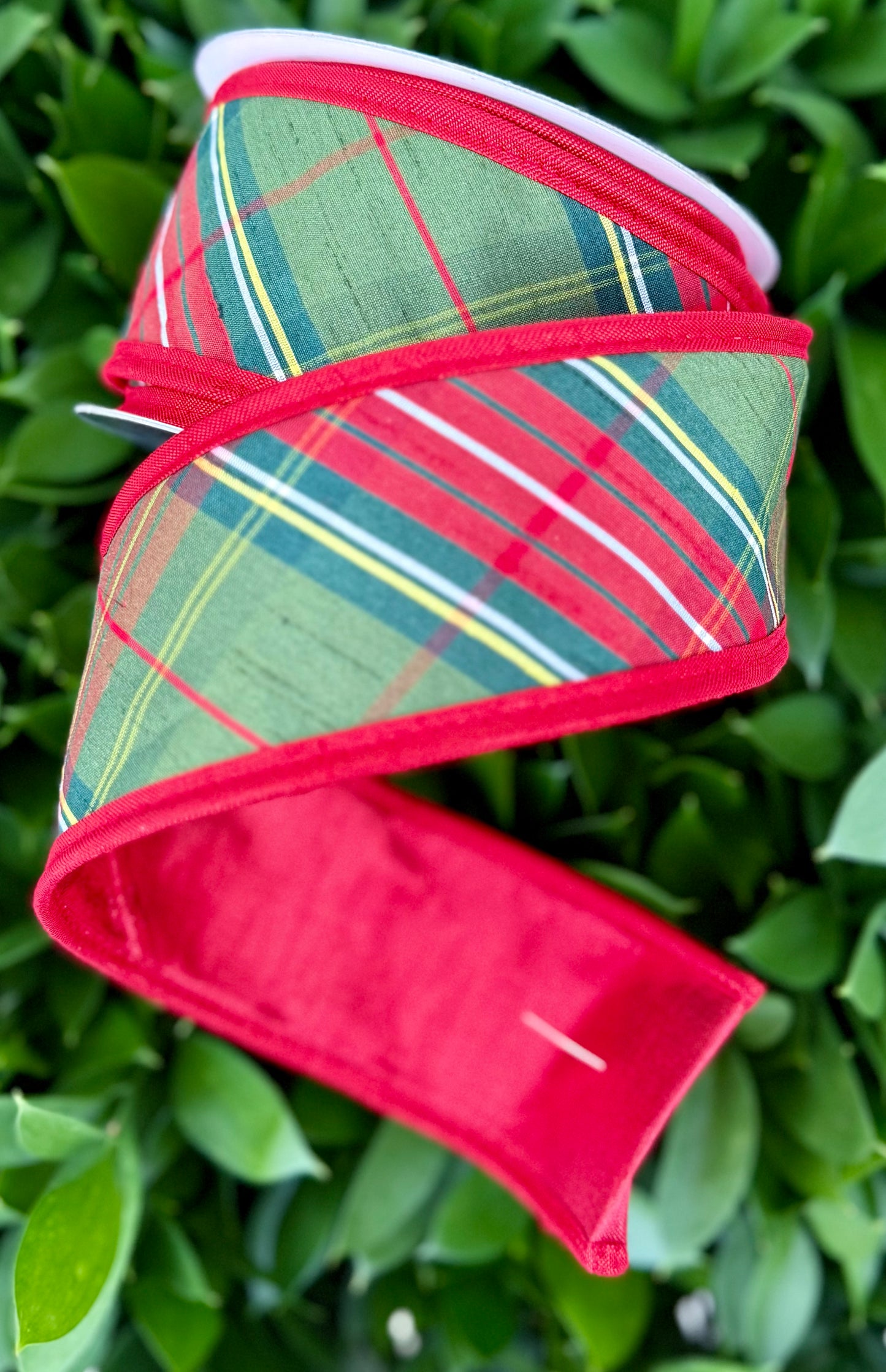 JME heavy wired ribbon. Holiday Plaid Dupion with Red Metallic Back