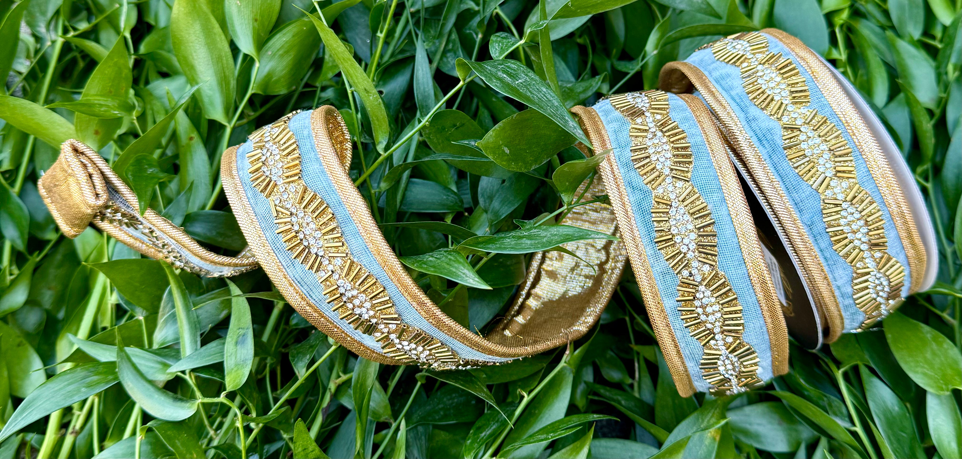 JME heavy Wired ribbon. Aqua Gold Bead Trim with Gold Metallic Back Ri ...