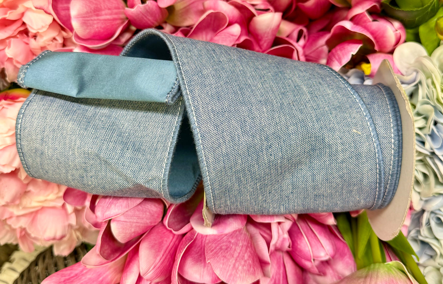 Chambray wired ribbon with solid blue back 10 yards x 4“