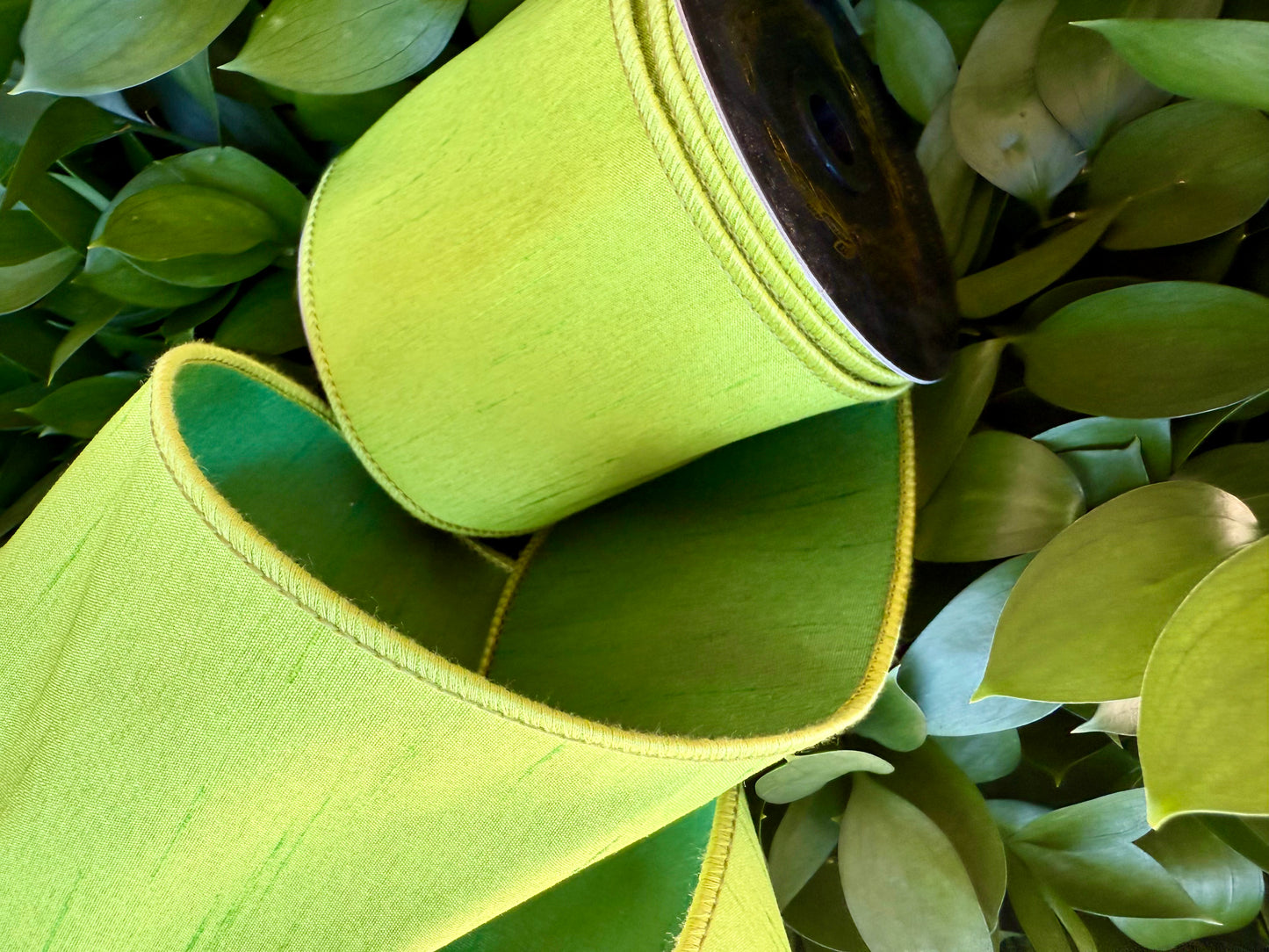 JME heavy wired ribbon. CHARTREUSE/DARK GREEN Two-Tone Solid