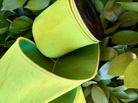 JME heavy wired ribbon. CHARTREUSE/DARK GREEN Two-Tone Solid