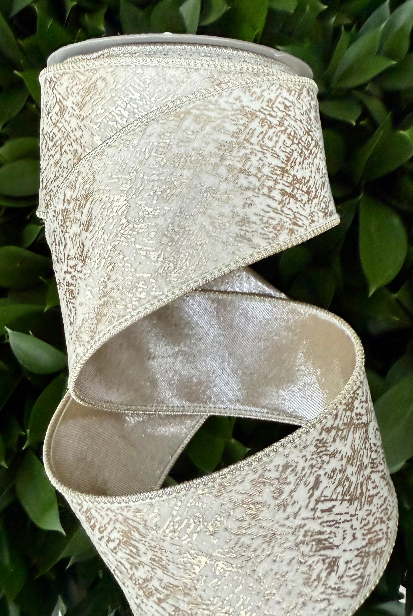 JME heavy wired ribbon. WHITE Velvet with Champagne Metallic Jacquard Print and Metallic Back