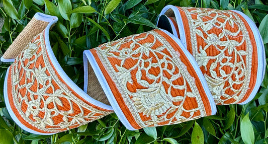 JME heavy wired ribbon. Orange Corduroy with a gold floral belt and cream piping with a burlap back. 4” x 5 yards