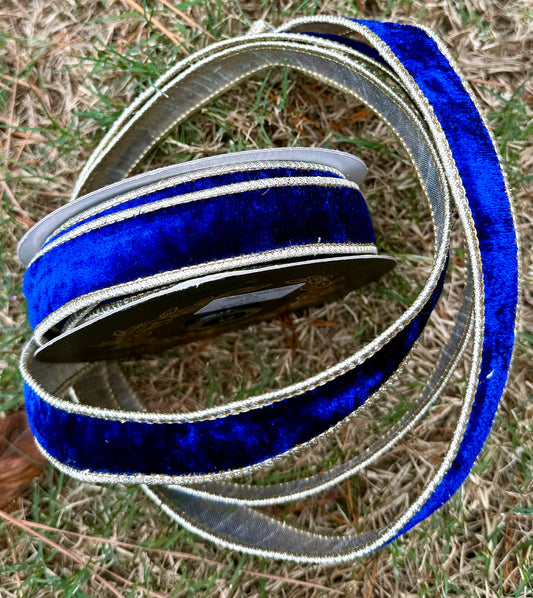 JME heavy wired ribbon. Royal blue velvet backed with gold metallic dupion. 1“ x 10 yards