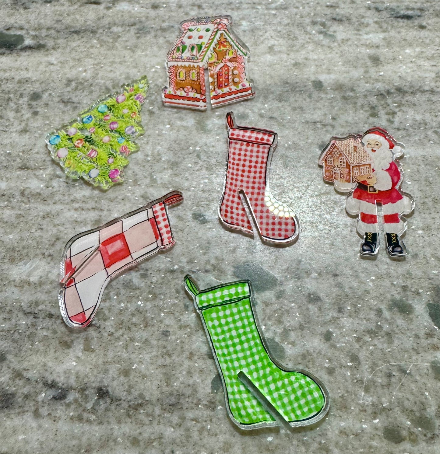 Sweet Christmas drink markers. Set of 6. Santa, stockings, gingerbread house, and Christmas tree.