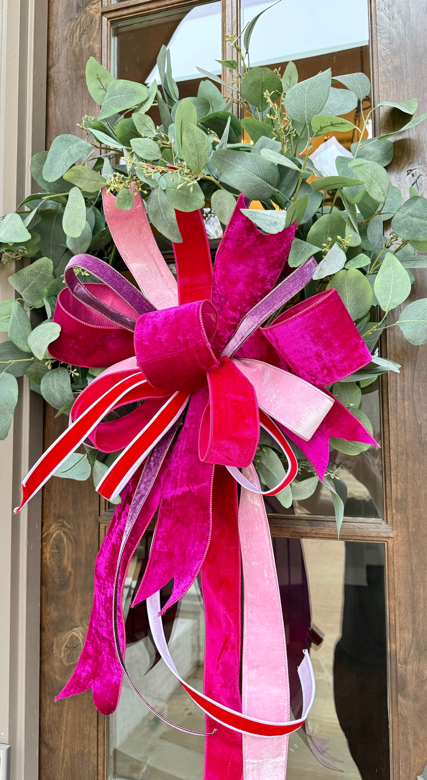 32 inch faux eucalyptus wreath with JM hand tied velvet valentine bow.