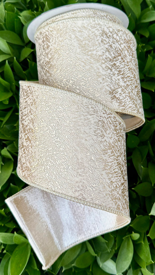 JME heavy wired ribbon. WHITE Velvet with Champagne Metallic Jacquard Print and Metallic Back