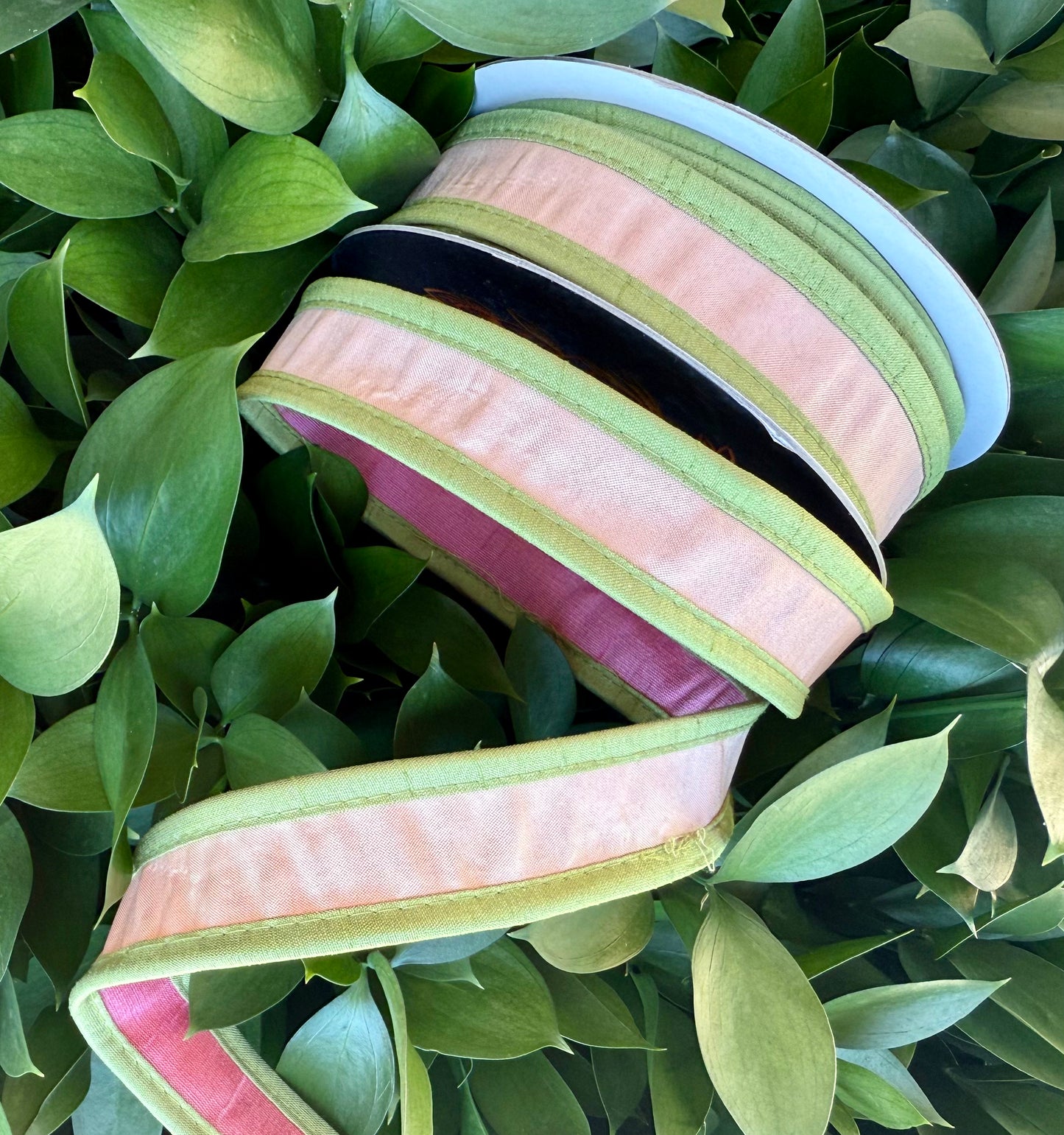 JME heavy wired ribbon. PALE PINK/GREEN Tri-Colored Solid