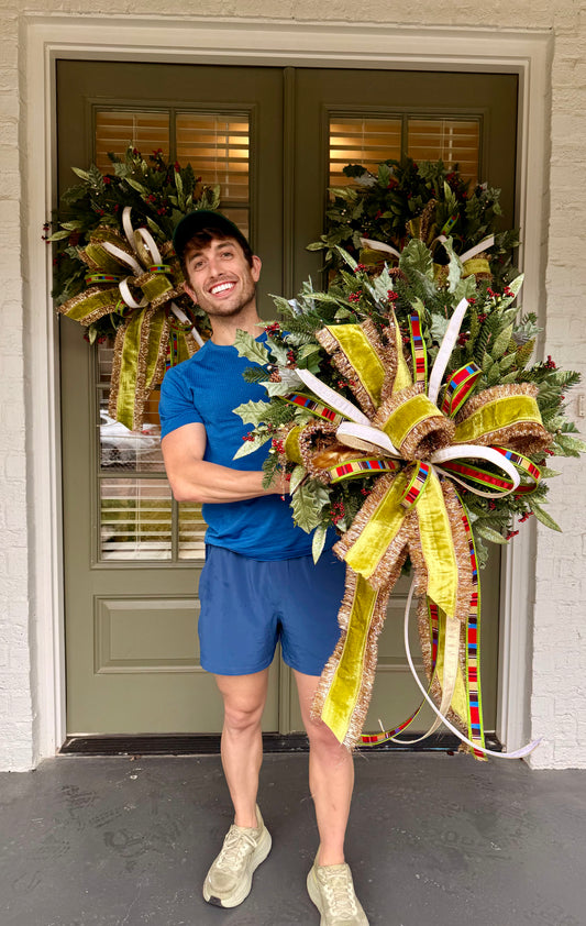 Fringe Bow wreath. Handmade wreath by JME with a JM hand-tied bow. About 24 inches wide