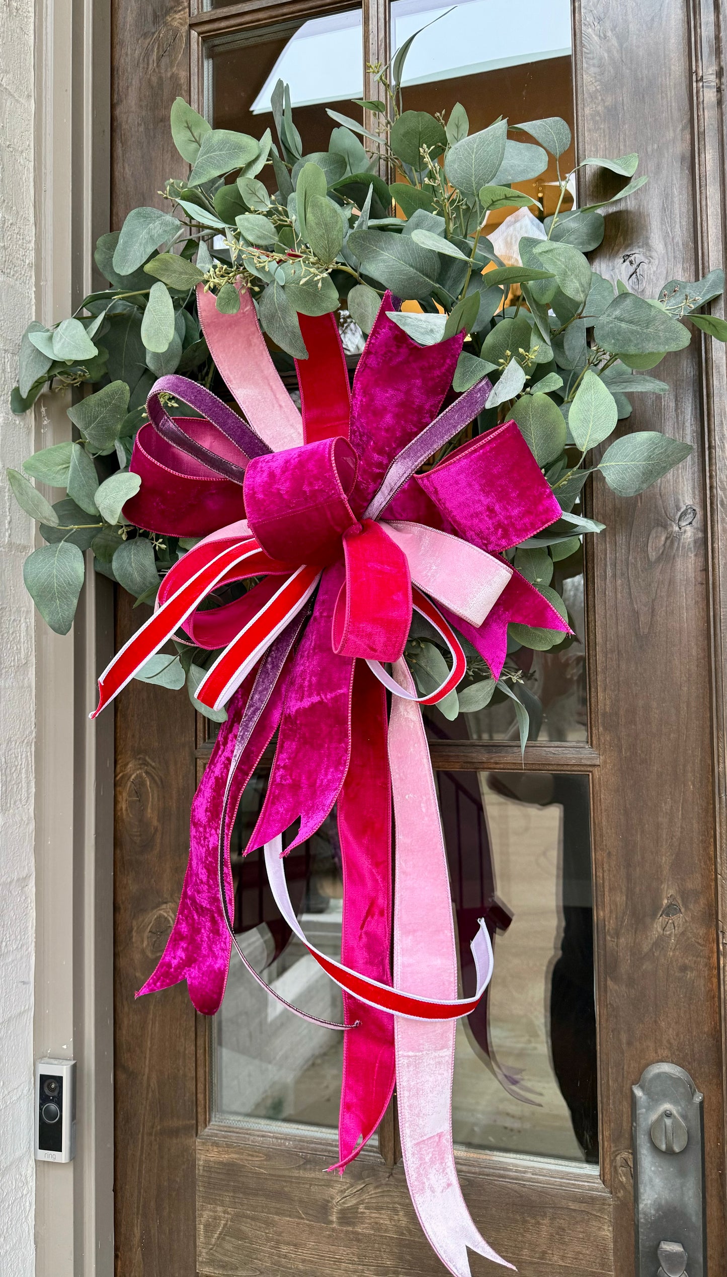 32 inch faux eucalyptus wreath with JM hand tied velvet valentine bow.