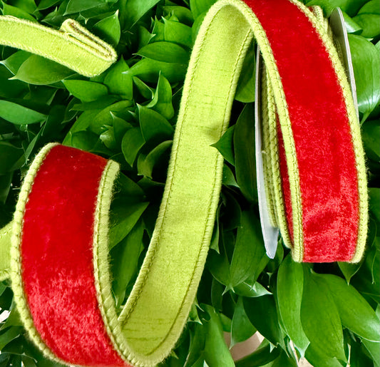 JME heavy wired ribbon. Red velvet with lime, green backing and stitching. 1“ x 10 yards.