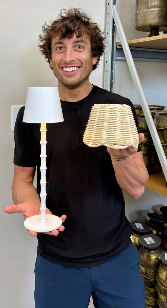 White LED cordless bamboo lamp with extra scalloped rattan shade. Comes with a charging cord. 14.5 inches tall by 4.5 inches diameter.