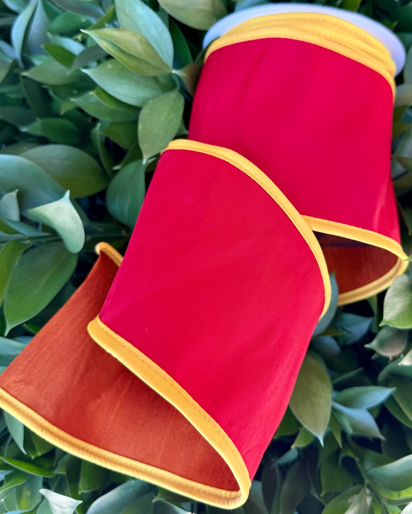 JME heavy wired ribbon. RED/YELLOW/ORANGE Tri-Colored Solid
