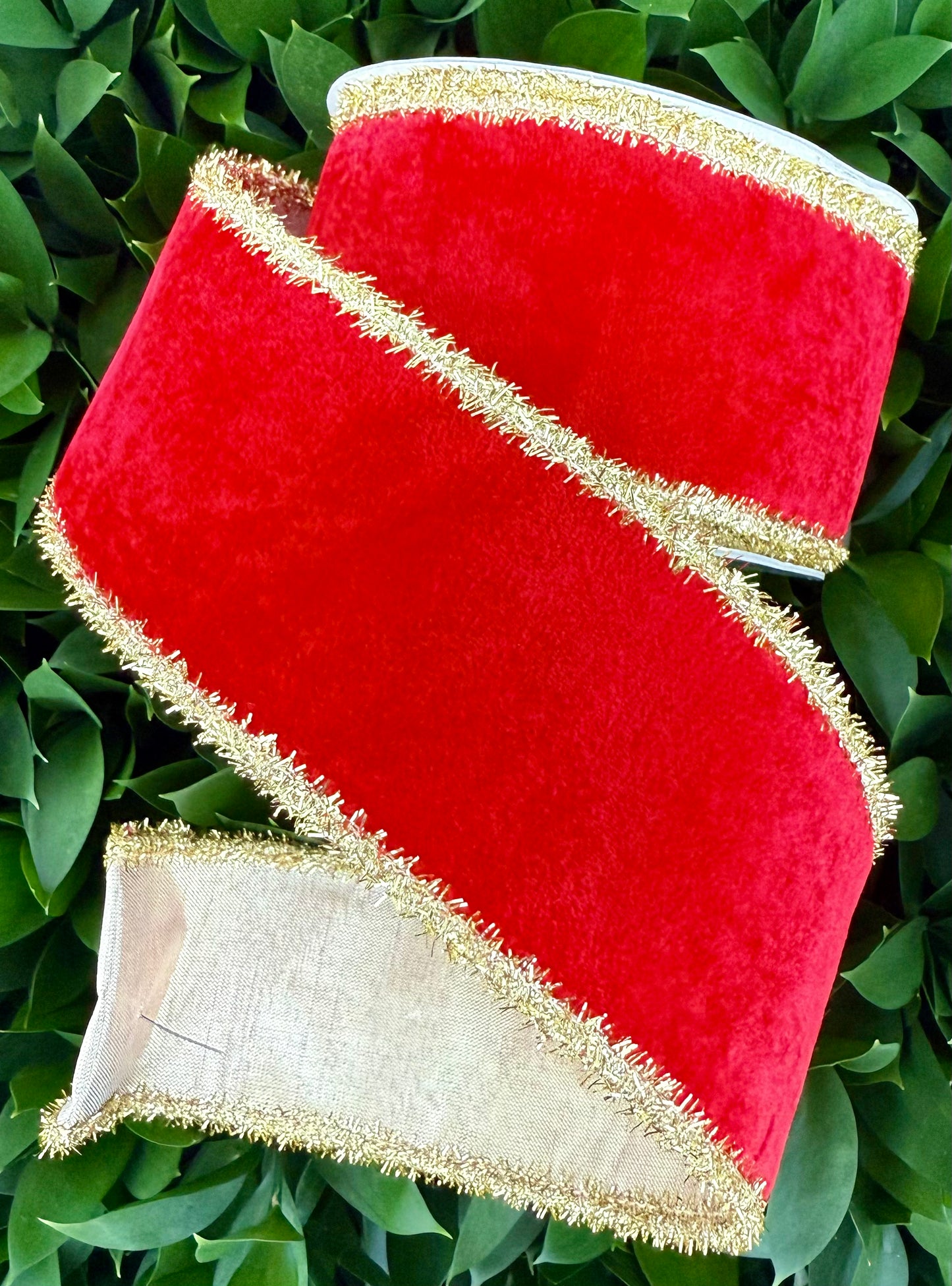 JME heavy wired ribbon. RED Velvet with Gold Tinsel Edge and Gold Metallic Back