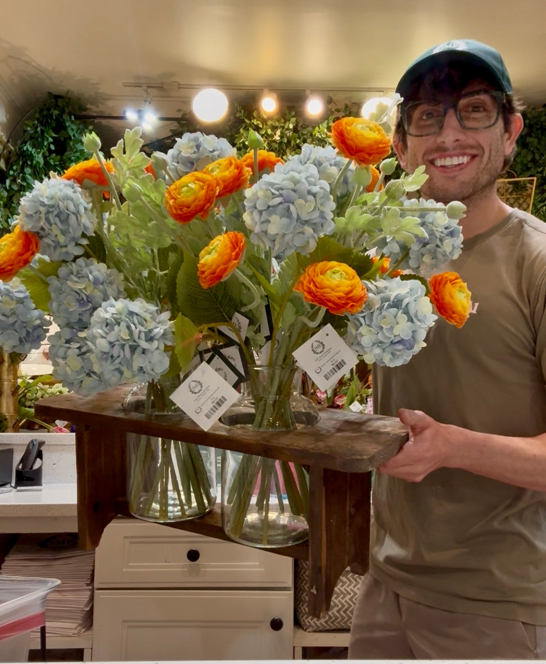Wooden Flower Stand with Two Glass Bottles. Flowers not included.