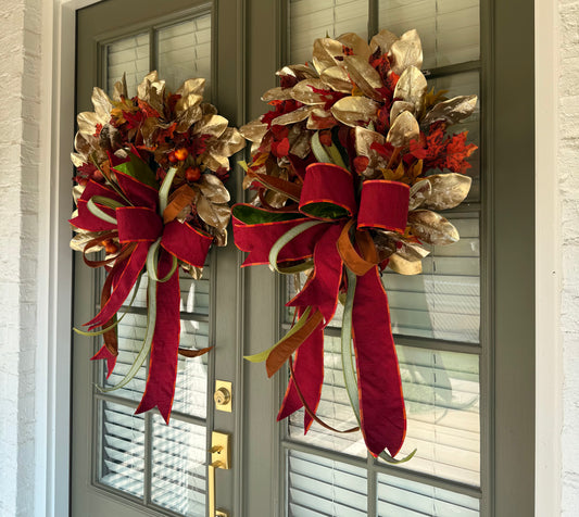 GOLD MAGNOLIA FALL WREATH. handmade by JME with a hand tied JME bow. 24 inches