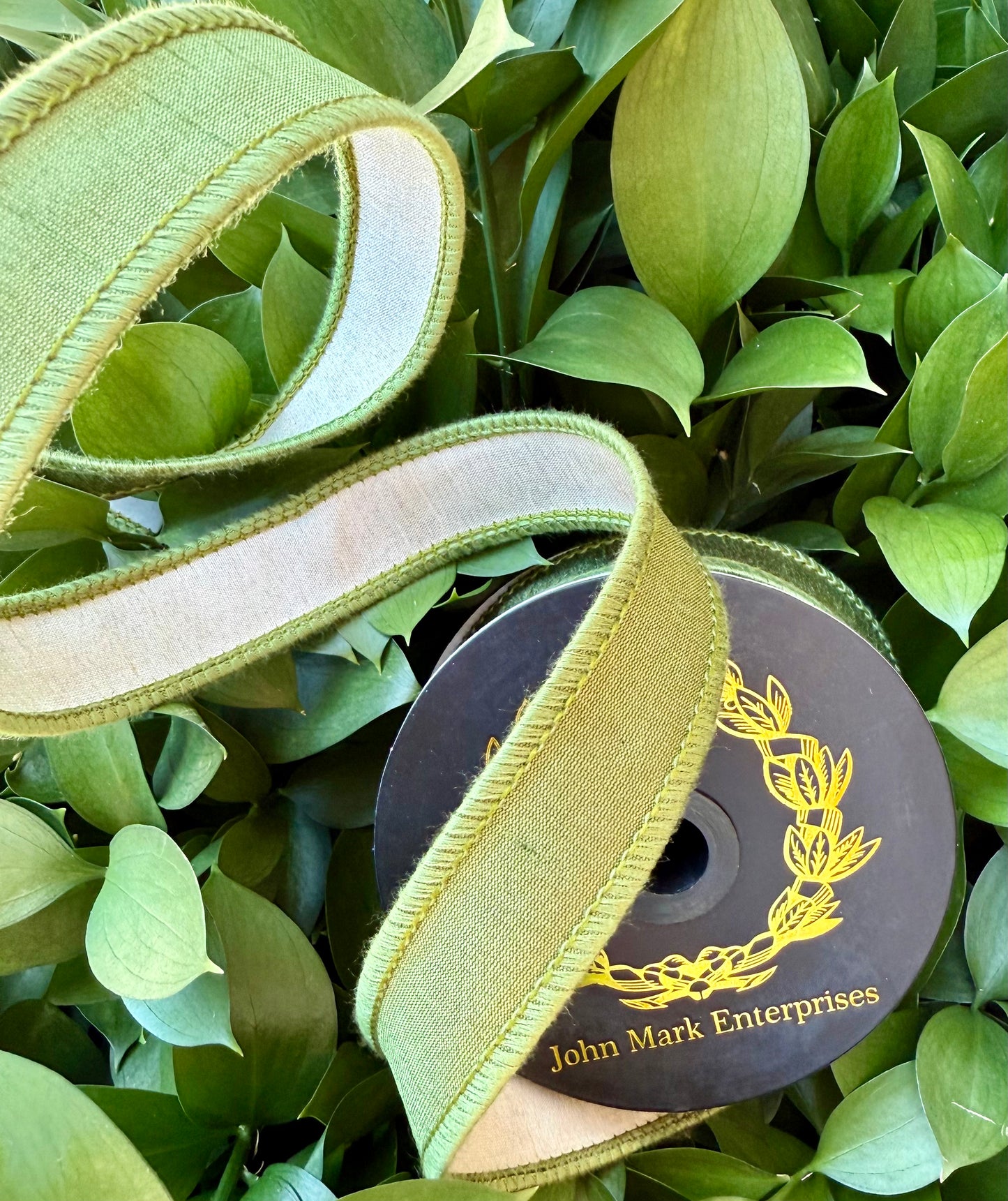 JME heavy wired ribbon. OLIVE/CREAM Two-Tone Solid