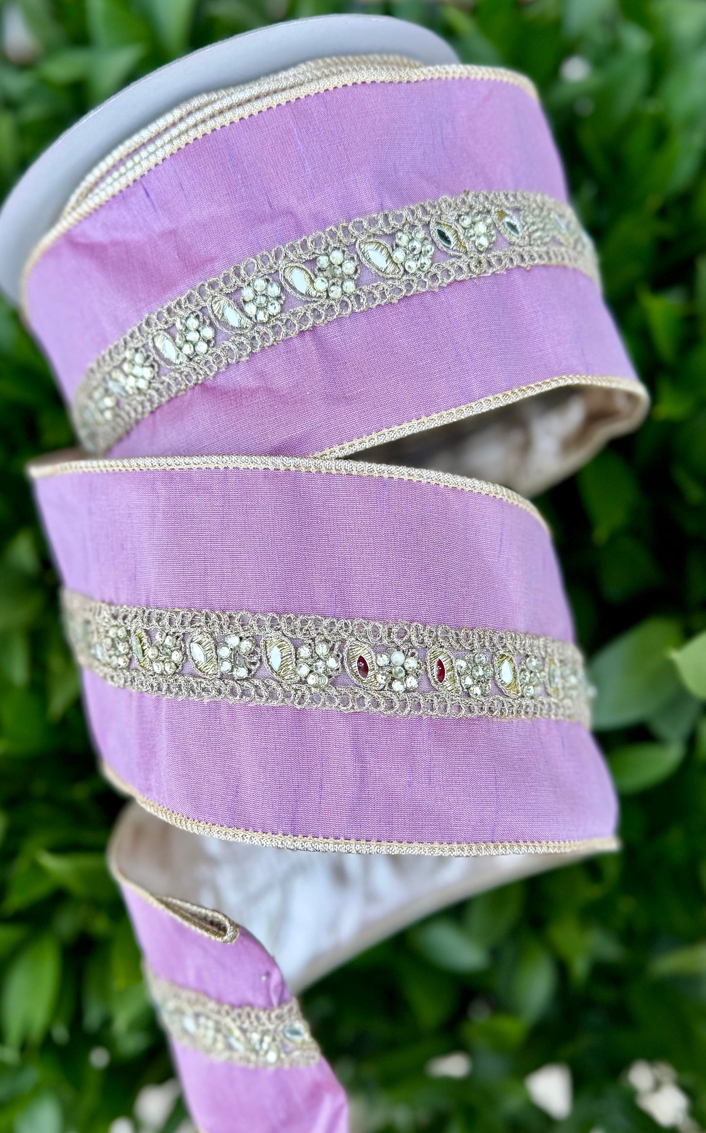 JME heavy wired ribbon. LILAC Pastel Dupion with Sequined Band and Metallic Back 4"x 10YDS