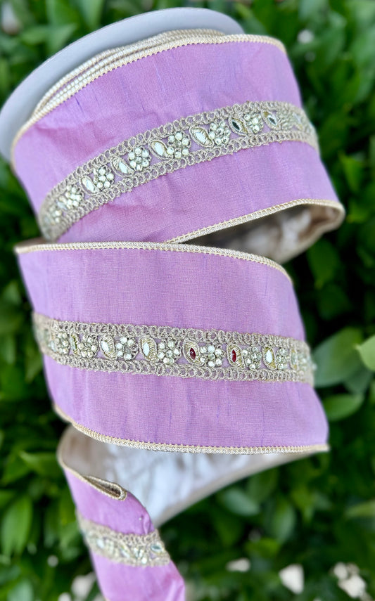 JME heavy wired ribbon. LILAC Pastel Dupion with Sequined Band and Metallic Back 4"x 10YDS